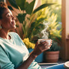 A serene scene featuring a person in their morning routine, sipping tea or coffee on a sunny patio, with a CBD oil bottle subtly placed nearby. The person appears relaxed and content, enjoying the start of their day.